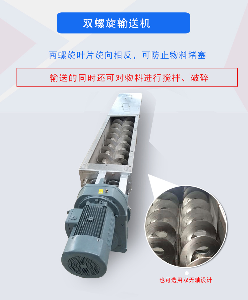 雙螺旋輸送機(jī)兩螺旋葉片旋向相反，可防止物料堵塞