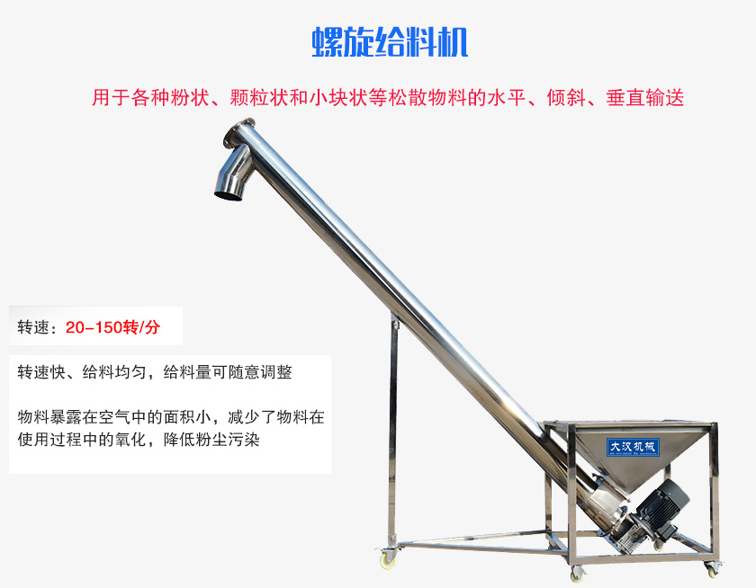 螺旋送料機用于各種粉狀、顆粒狀和小塊狀等松散物料的水平、傾斜、垂直輸送