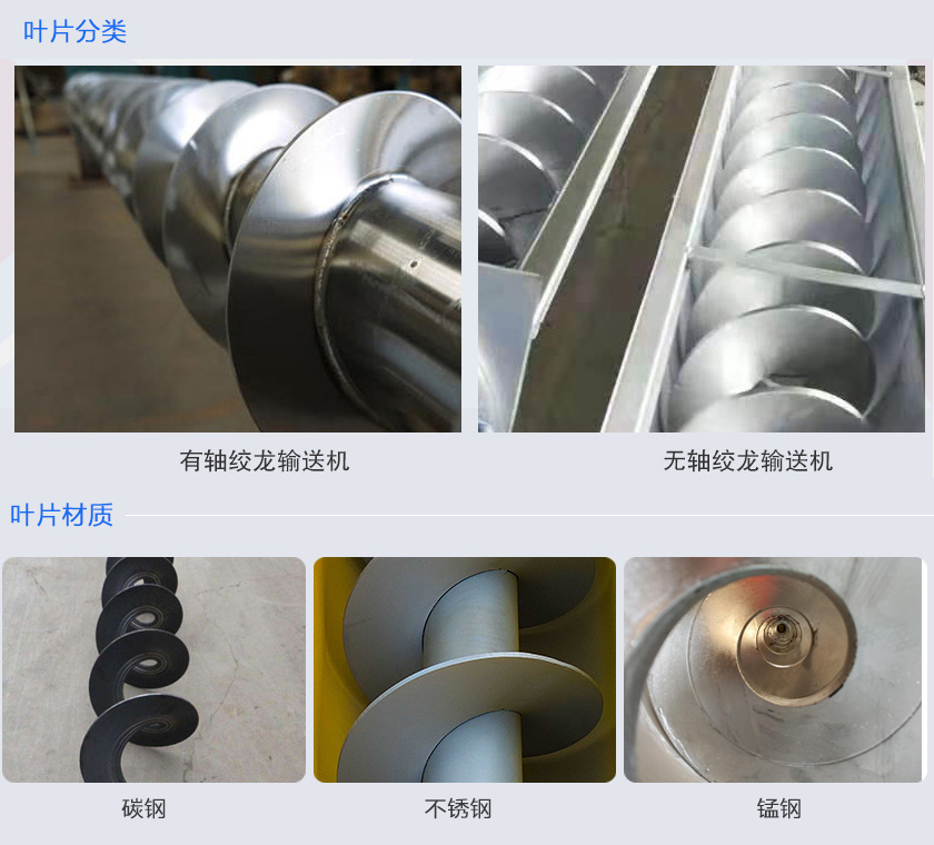 絞龍輸送機(jī)分為有軸和無軸絞龍輸送機(jī)，可根據(jù)物料不同選擇有碳鋼、不銹鋼、錳鋼等材質(zhì)。