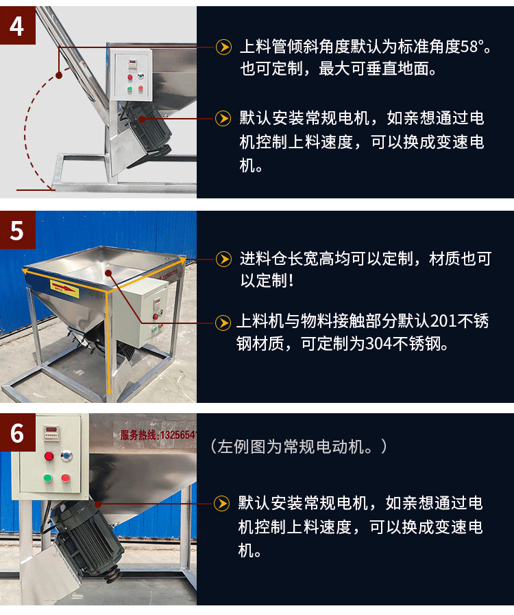 不銹鋼螺旋輸送采用304/316L不銹鋼材質，使用變電機，可滿足客戶的多樣化需求